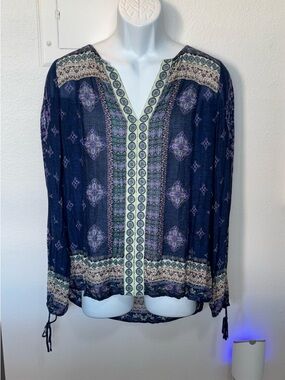 LUCKY BRAND Blue Multicolored Peasant Top 100% Viscose Size M